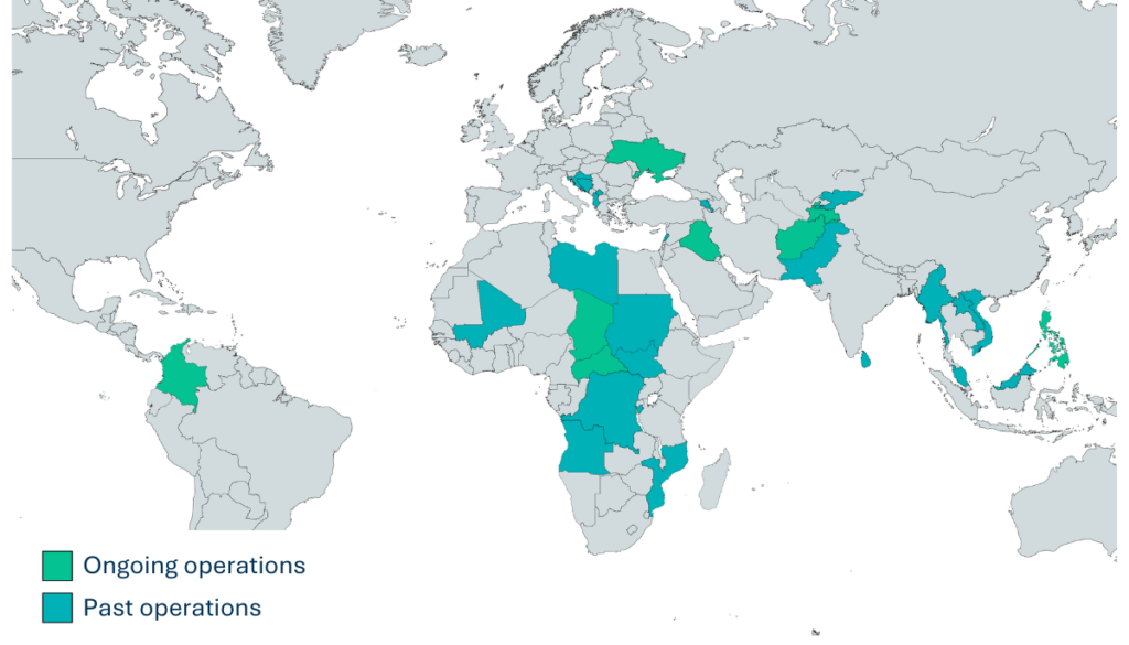 Carte du monde surlignant les programmes passés et actuels de la FSD dans 29 pays.