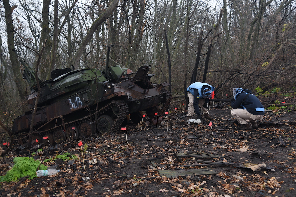 FSD clearance teams marking potentially hazardous areas on a former battlefield in Ukraine